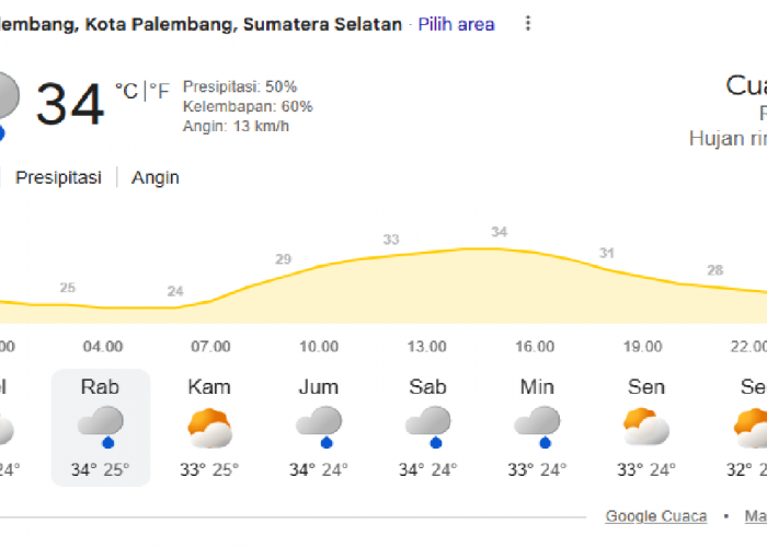 Prakiraan Cuaca 15 Juli 2026 Kota Palembang: Hujan Ringan Mengguyur, Sediakan Payung!