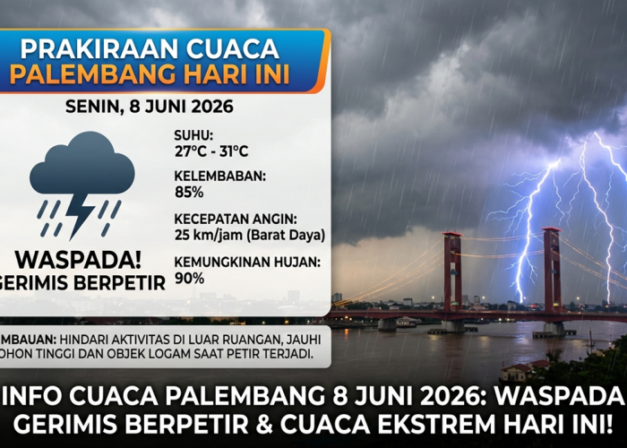 Prakiraan Cuaca Hari Ini 8 Juni 2026 Kota Palembang: Potensi Gerimis Berpetir Sejak Siang