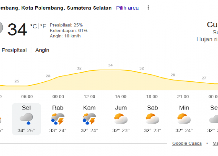 Cuaca Kota Palembang Besok 7 Juli 2026 Berpotensi Hujan Ringan